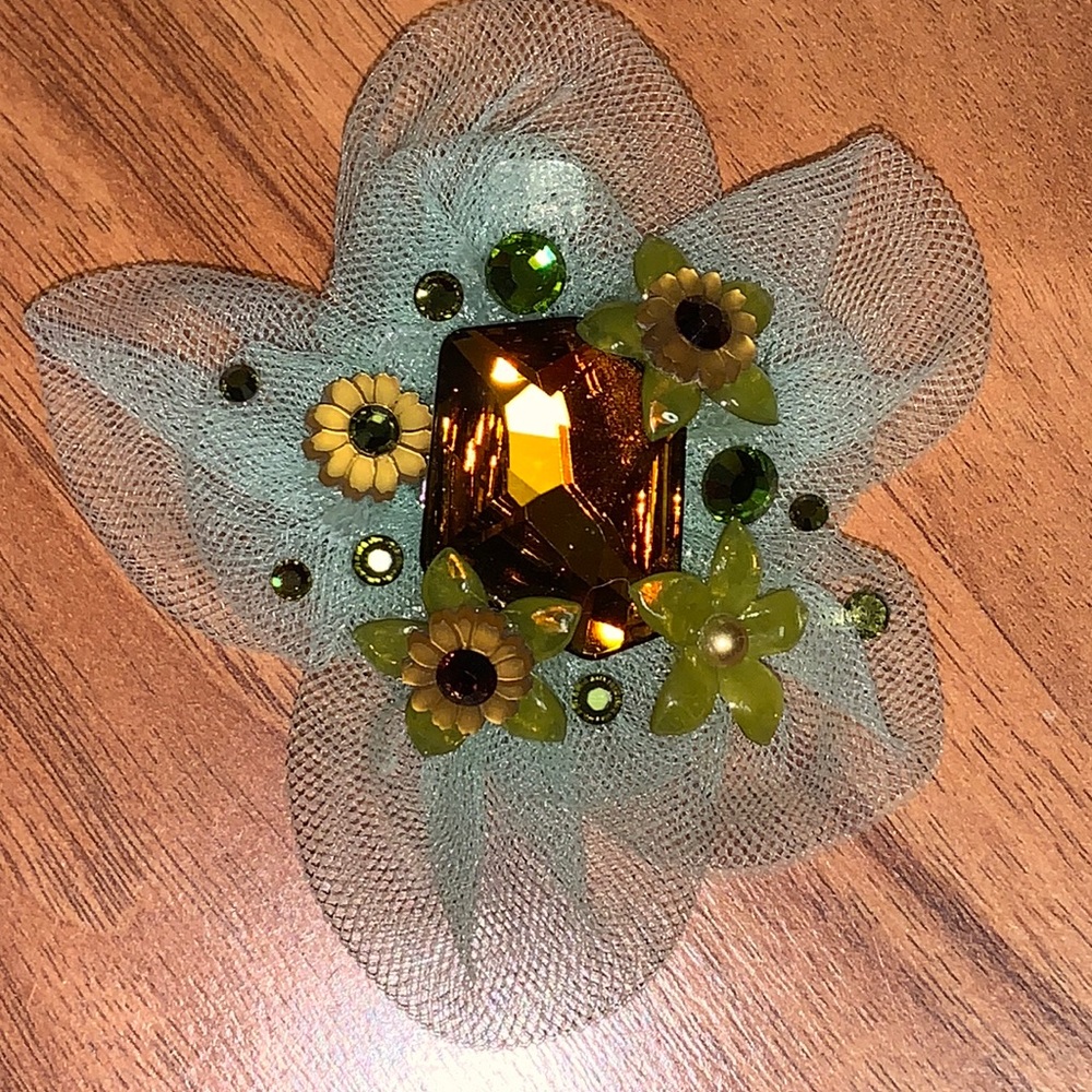Tarina Tarantino Mesh Mint Green Flower Clip with Flower Accents and Rhinestones
